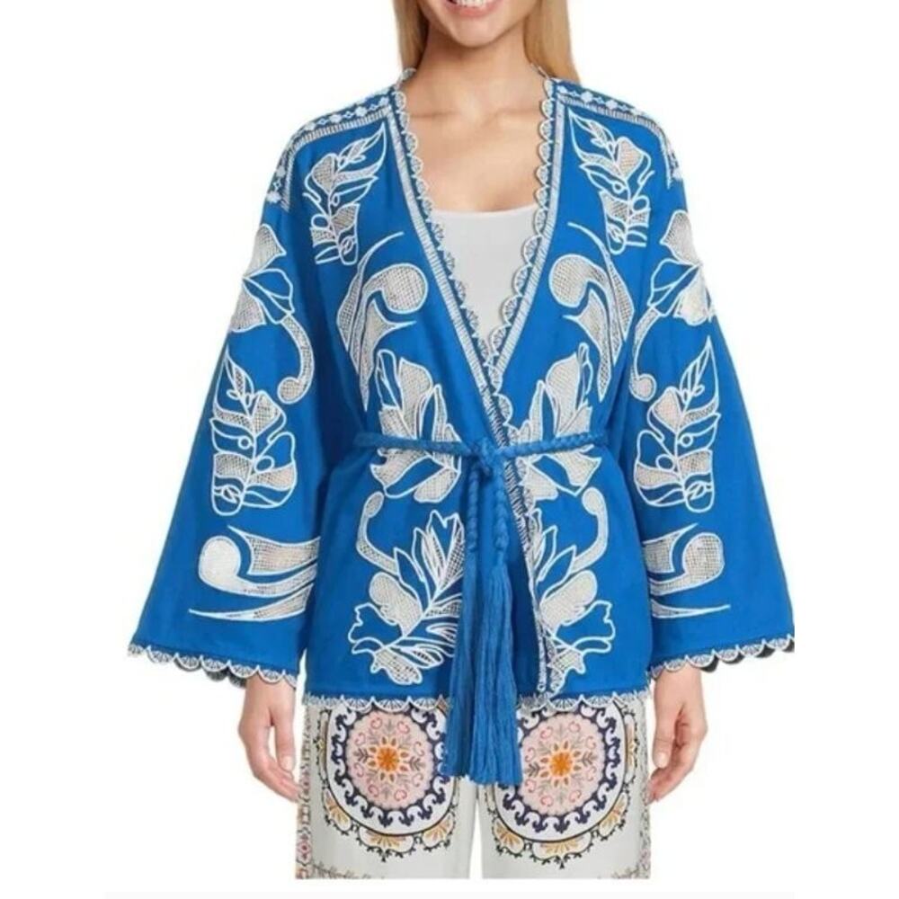 JADE Johnny Was Sz L Large Jodie Easy Jacket Blue Embroidered Jacket Kimono